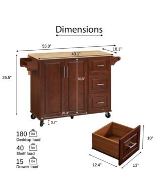 53.8" Rolling Kitchen Island with Drop Leaf, Storage Cabinet, 3 Drawers & Wood Top, Mobile Kitchen Cart on Wheels