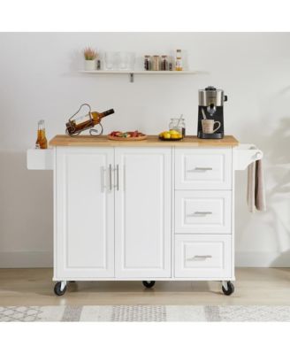 53.8" Rolling Kitchen Island with Drop Leaf, Storage Cabinet, 3 Drawers & Wood Top, Mobile Kitchen Cart on Wheels
