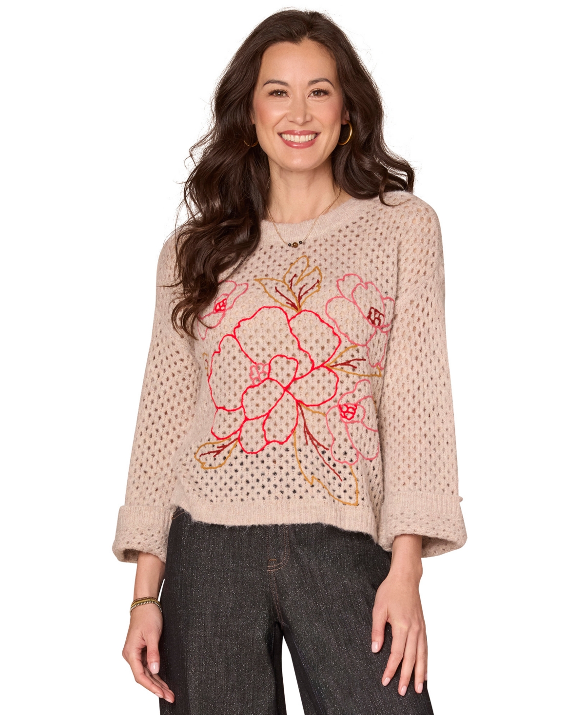 Democracy Women's Floral Embroidered Round Neck Sweater In Brown
