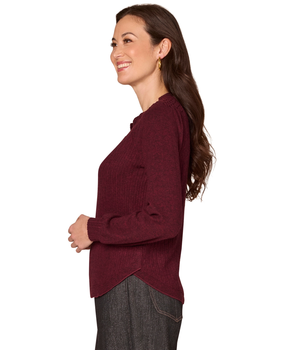 Democracy Women's Long Smocked Sleeve Top In Burgundy