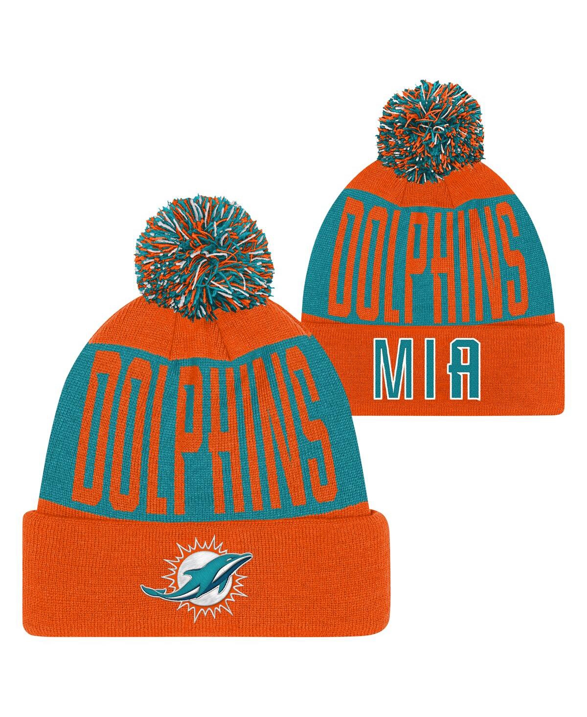 Outerstuff Kids' Big Boys And Girls Aqua/orange Miami Dolphins Bevel Cuffed With Pom Knit Hat In Multi