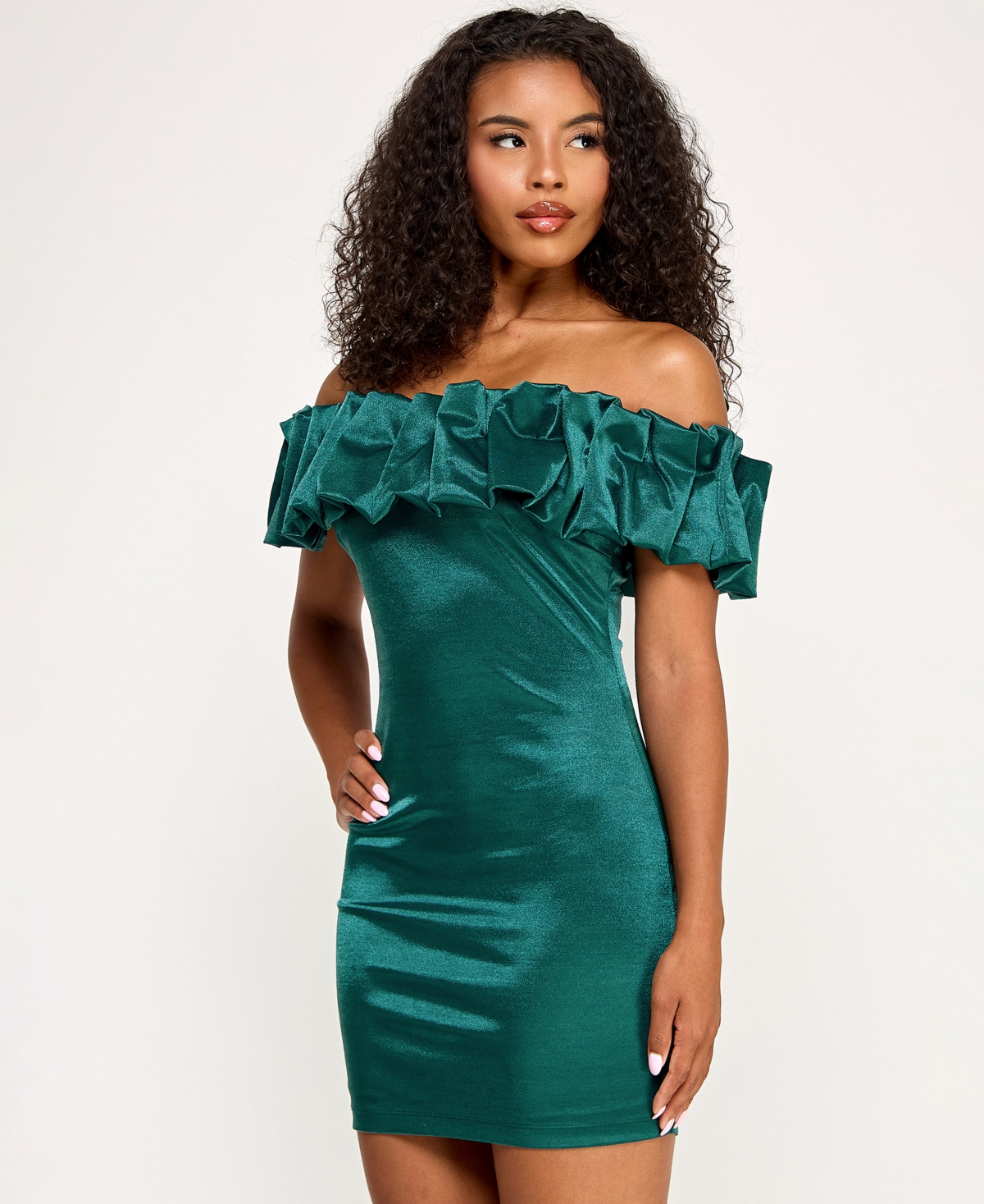 City Studios Juniors' Ruffled-off-the-shoulder Bodycon Shimmer Dress In Green