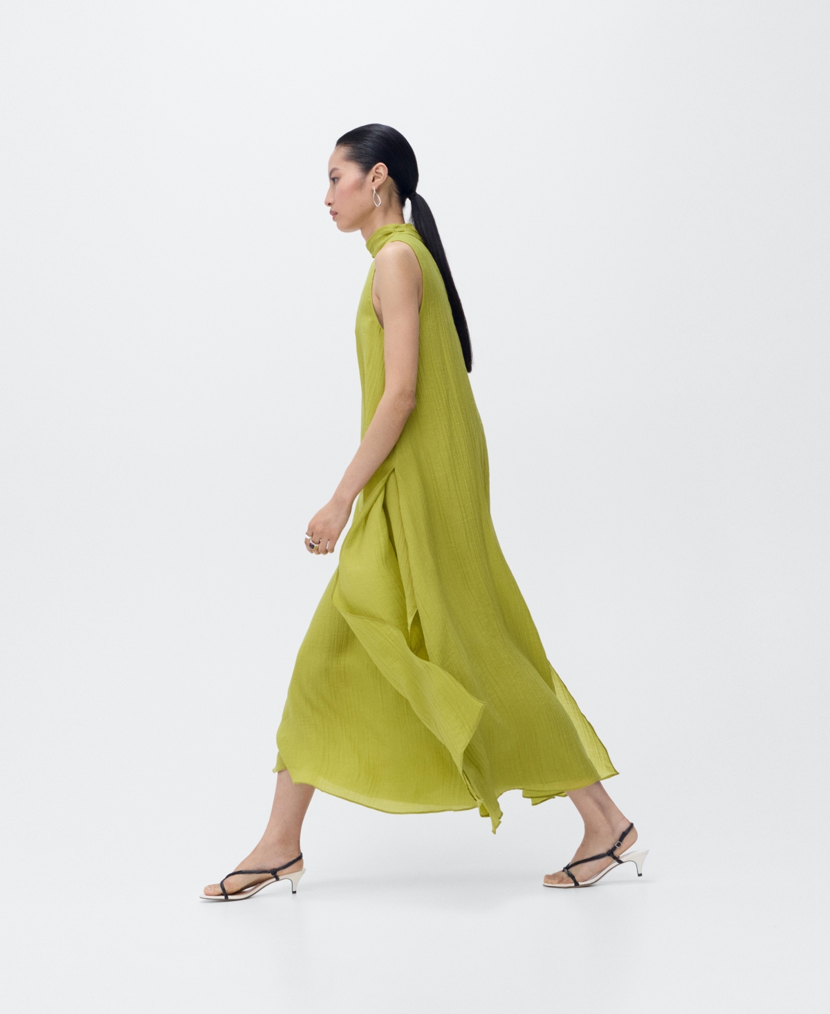 Mango Mock Neck Sleeveless Trapeze Dress In Green