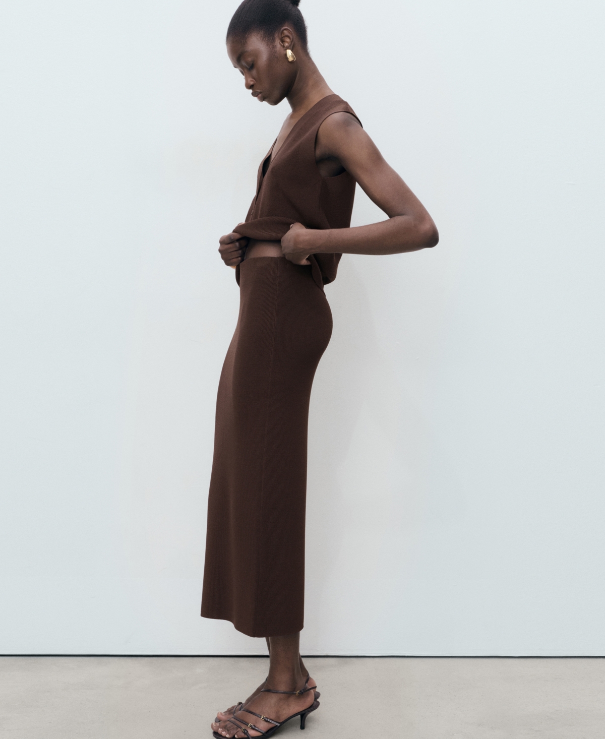 Mango Fine Knit Midi Skirt In Brown
