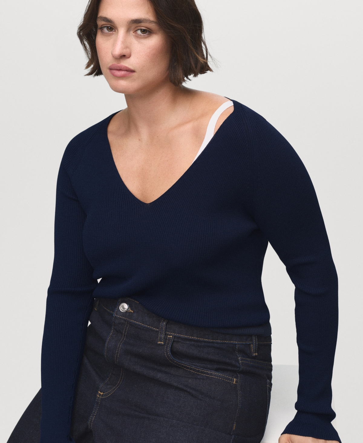 Mango Women's V-Neck Ribbed Knit Sweater