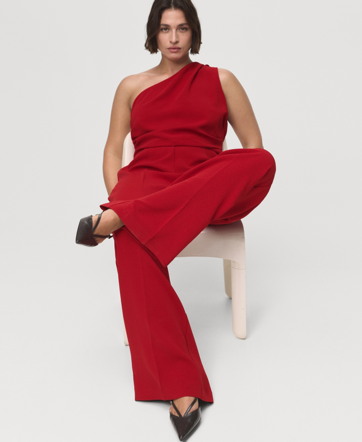 Mango Long Jumpsuit With Asymmetrical Neck In Red