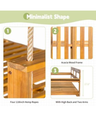 81 Inch Acacia Wood Twin Size Porch Swing Daybed with Hemp Ropes