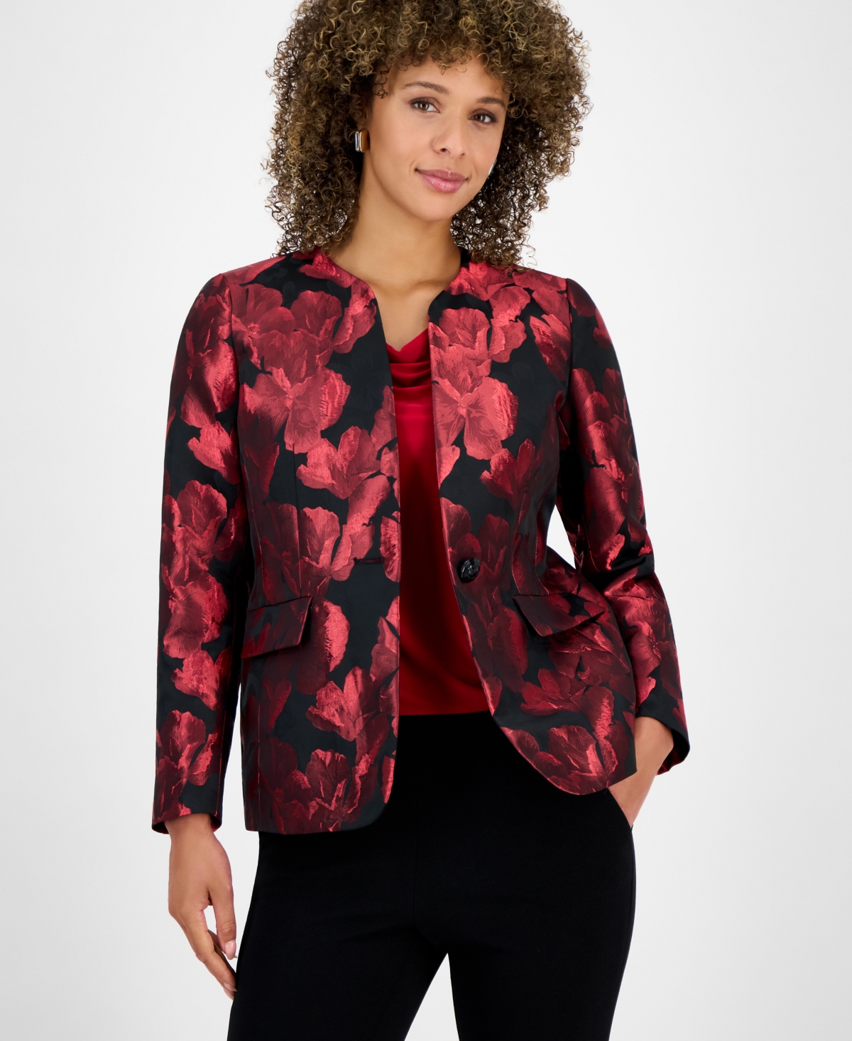Kasper Petite Floral Jacquard One Button Collarless Jacket In Multi