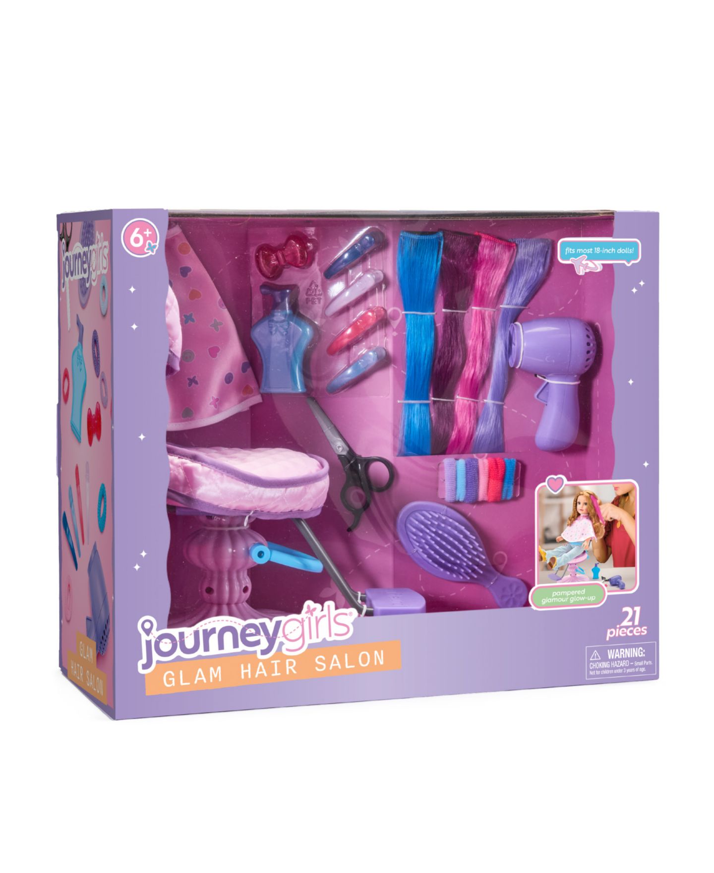 Детские куклы Journey Girls Glam Hair Salon Swiveling Chair 21-Piece Accessory Set, Ages 5+ — фото 7