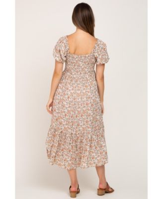 Maternity Pink Floral Smocked Puff Sleeve Midi Dress