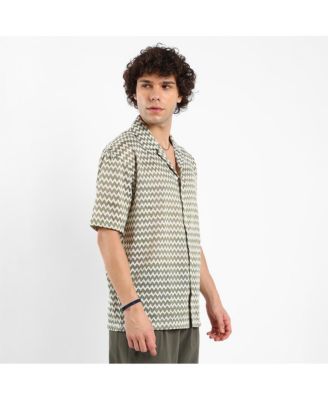 Men's Olive Green & Powder White Chevron-Striped Oversized Shirt