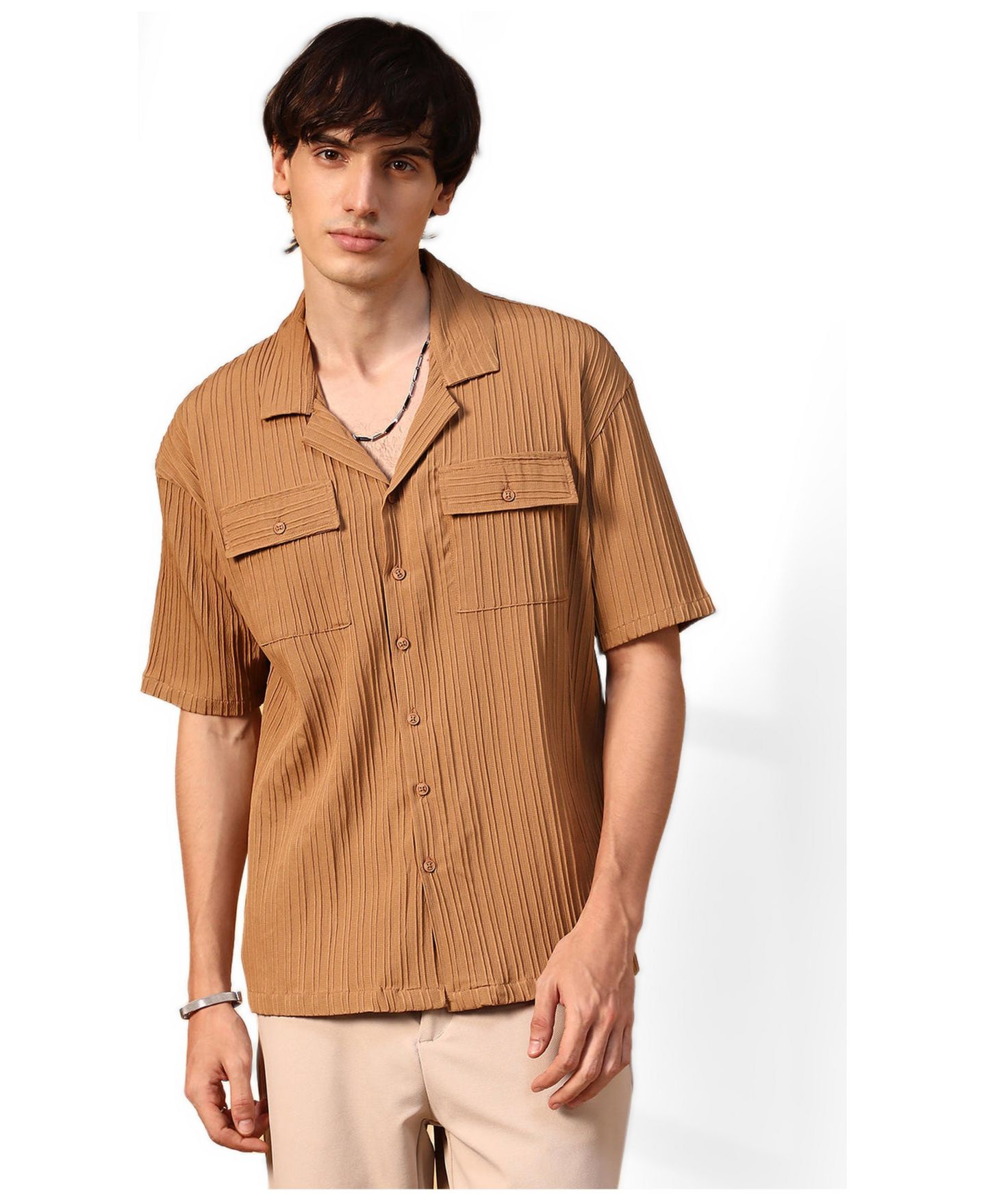 Мужская рубашка Cahoot Campus Sutra Camel Brown Tactile-Lined Oversized, цвет: Коричневый — фото 2