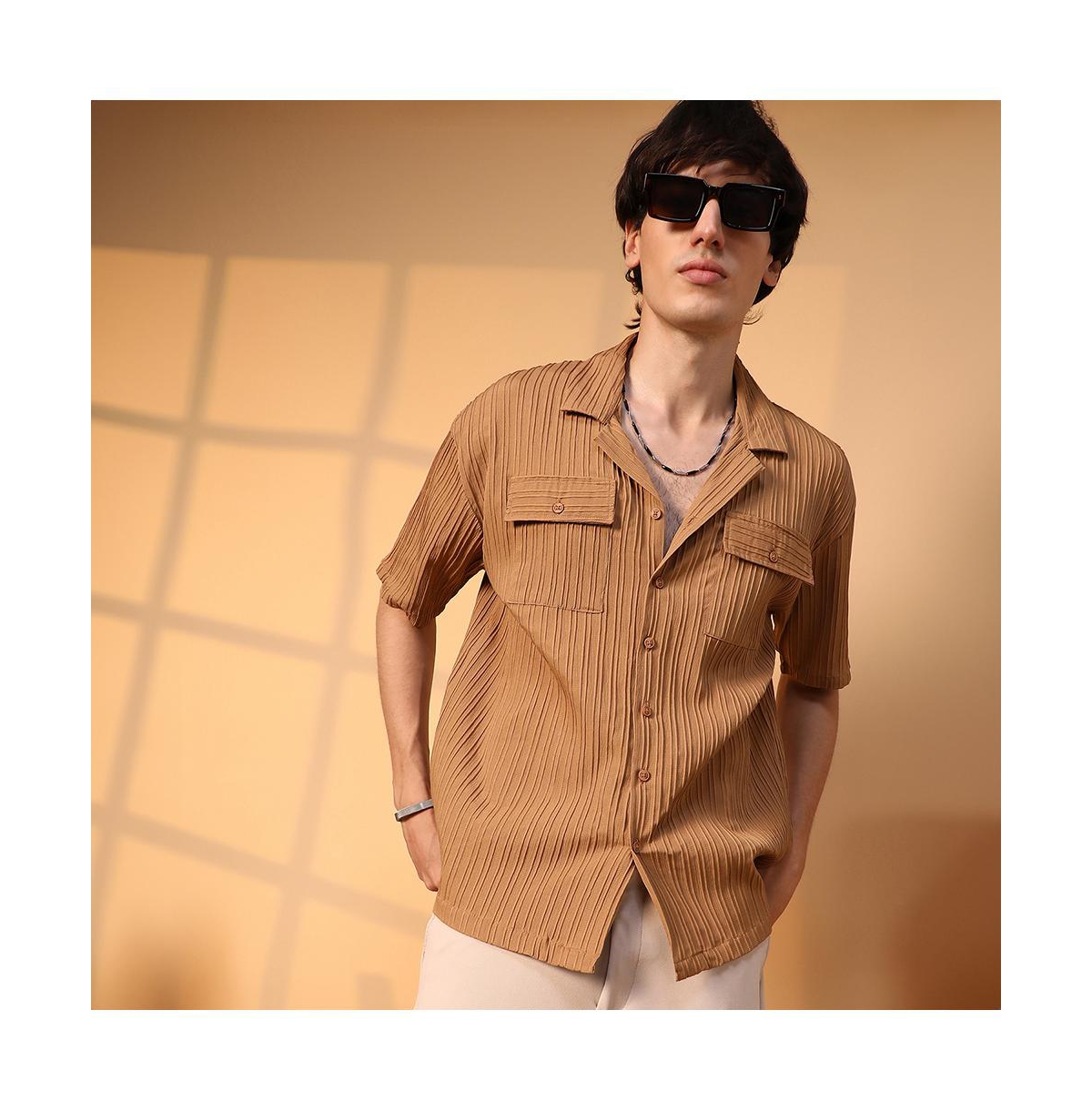 Campus Sutra Men's Camel Brown Tactile-Lined Oversized Shirt