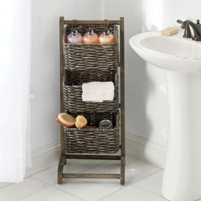 Water Hyacinth 3-Tiered Storage Baskets Floor Stand - Black/Black Wash