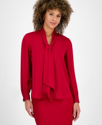 Kasper - Women's Satin Long-Sleeve Tie-Neck Blouse