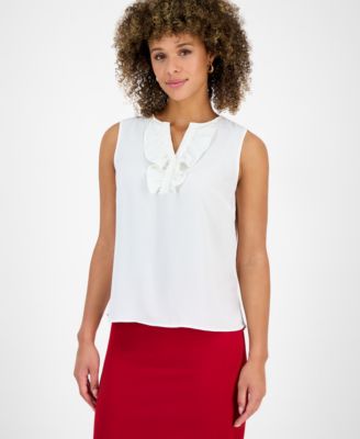 Kasper - Petite Split-Neck Ruffle-Front Sleeveless Blouse