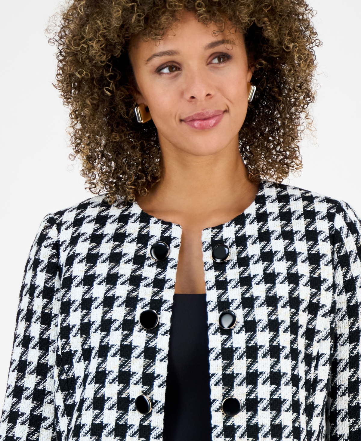 Kasper Petite Houndstooth Open-Front Long-Sleeve Topper