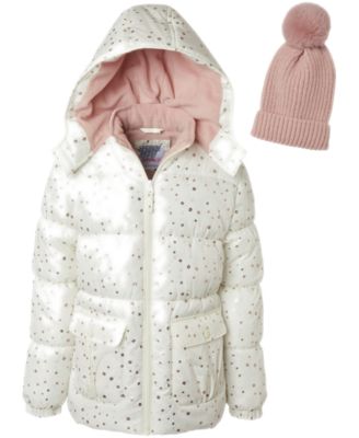 Big Girls' Foil Dot Puffer Jacket with Beanie