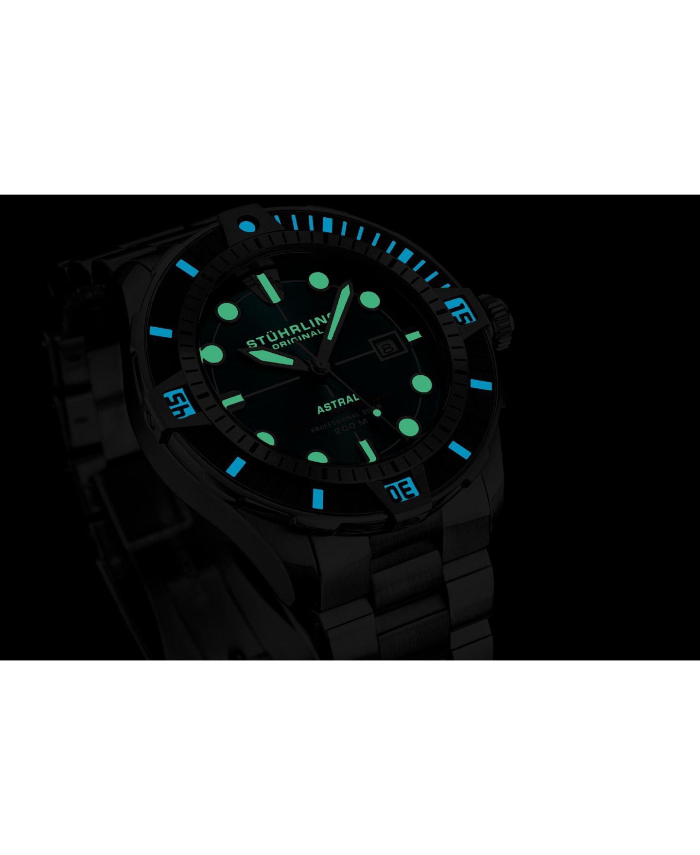 Мужские часы Stuhrling Astral Diver 44mm Swiss Automatic Watch, Teal Dial, Stainless Steel Bracelet, Rotating Bezel, 200M Water Resistant, цвет: Серебряный — фото 4