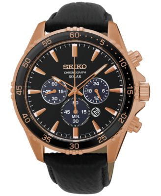 Seiko - Men's Solar Chronograph Black Leather Strap Watch 44mm SSC448