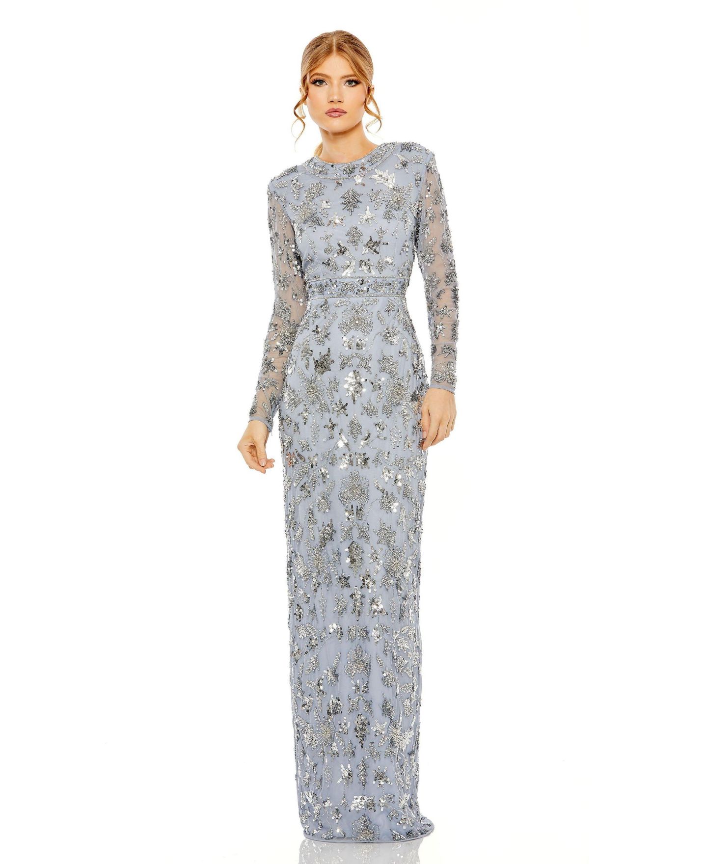 Женское платье Mac Duggal High Neck Long Sleeve Embellished Column Gown, цвет: Сланцевый синий — фото 1