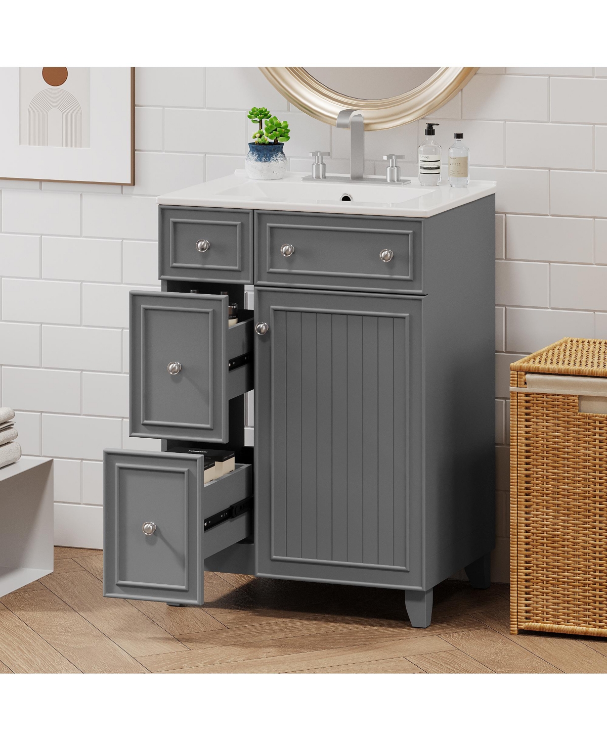 Casainc 24" Bathroom Vanity Cabinet with Ceramic Sink, 2 Drawers and 1 Soft-Close Door