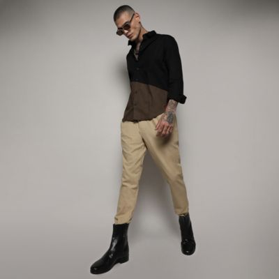 Men's Black & Olive Green Contrast Panel Shirt