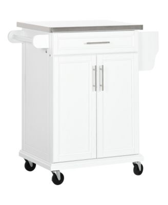 White Kitchen Cart: Stainless Top, Drawer, Towel/Spice Rack, Wheeled