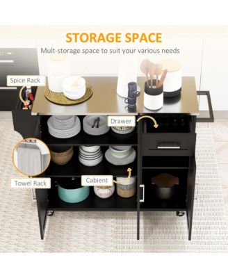 Black Rolling Kitchen Island with Drawers and Spice Rack