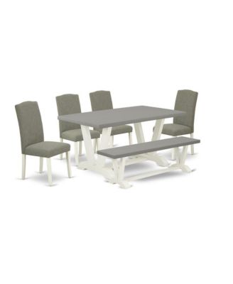 6-Piece Gorgeous Dining Room Set a Great Cement Color Dining Room Bench and 4 Amazing Linen Fabric Parson Chairs