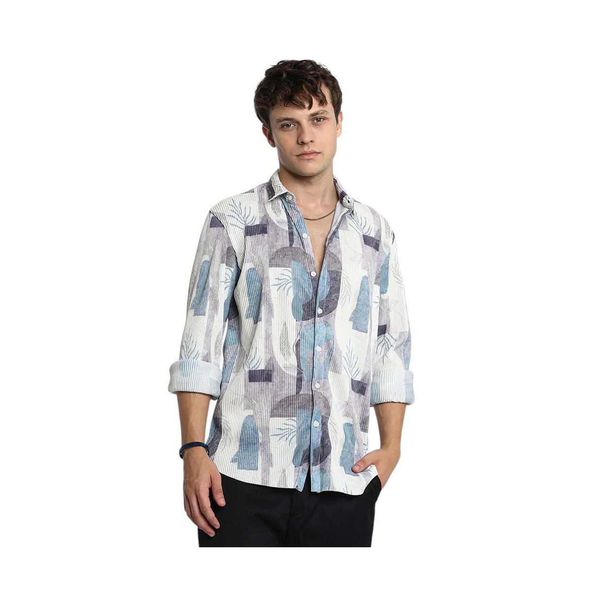 Campus Sutra Men's Icy Blue & Ivory White Twig-Block Shirt