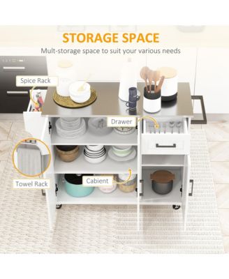 White Rolling Kitchen Island: Stainless Top, 3 Cabinets