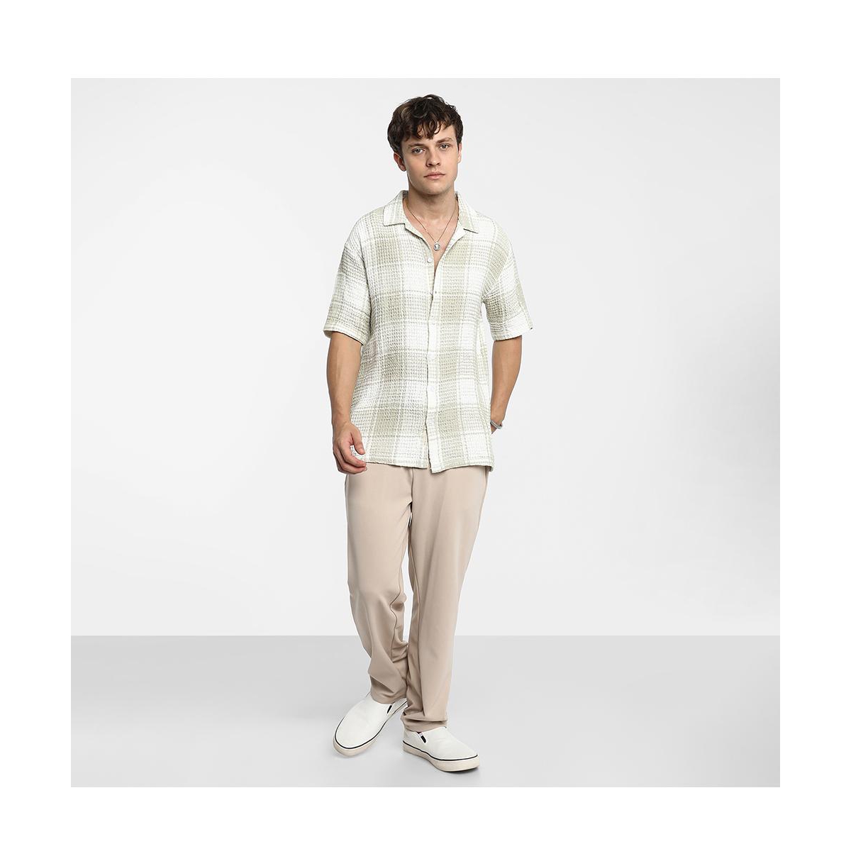 Campus Sutra Men's Greige & Ivory White Buffalo Check Oversized Shirt