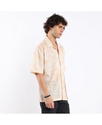 Men's Tan Brown & Ivory White Faded Woven Oversized Shirt