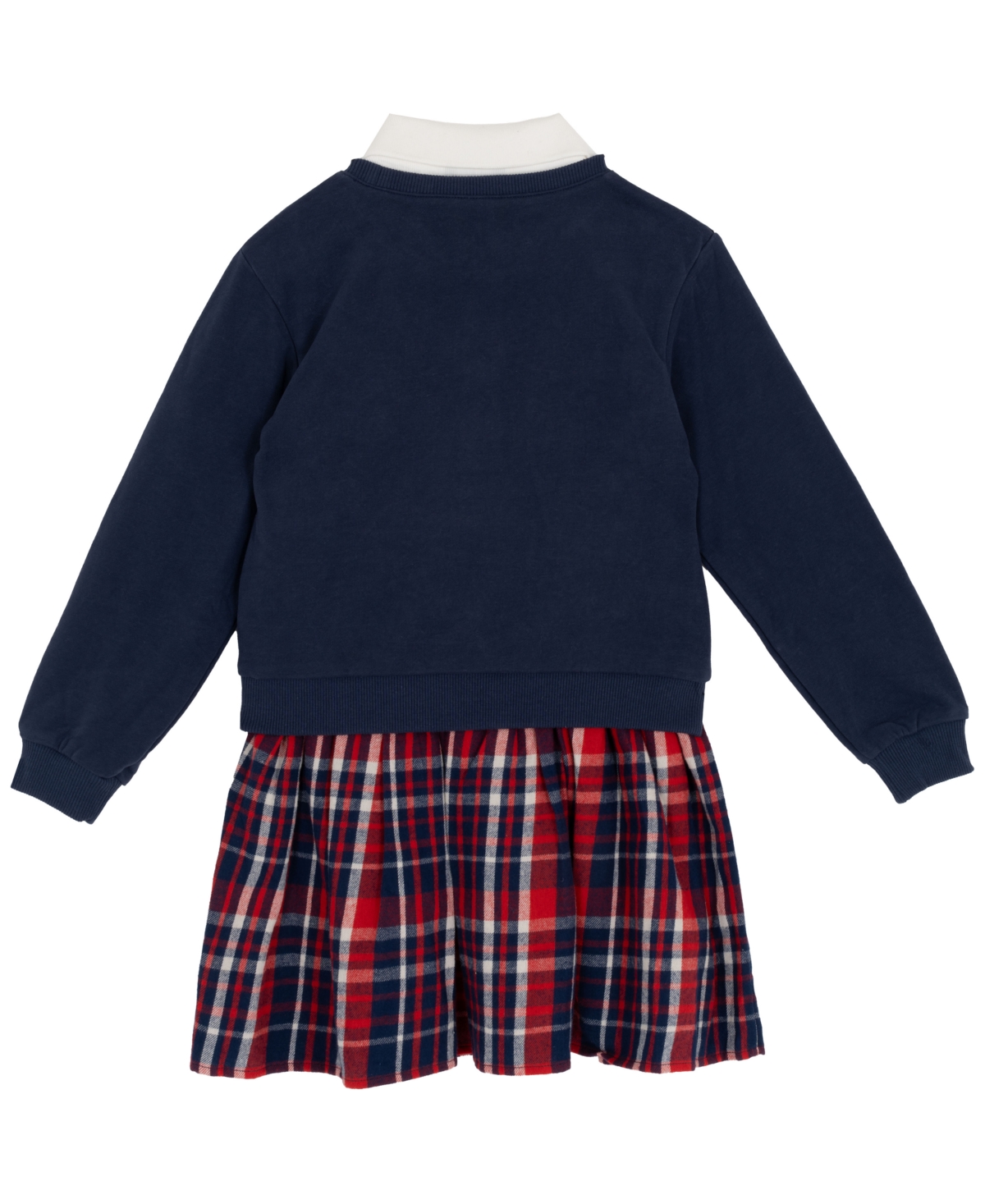 Rare Editions Little Girls Polo Collar & Plaid Skirt Dress With Patch-covered Sweatshirt, 2 Pc In Blue