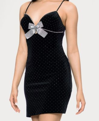 Juniors' Bow Front Studded Velvet Sweetheart Neck Dress