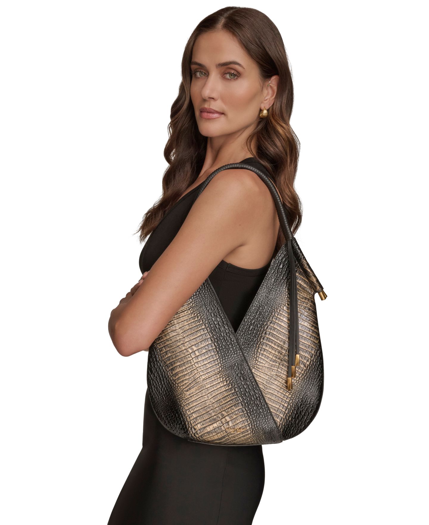 Женская сумка Donna Karan New York Baldwin Metallic Croco Shoulder, цвет: Чёрный / Золотой — фото 7