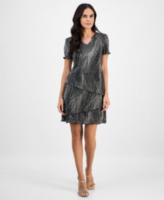 Connected - Petite Printed Tiered Short-Sleeve Sheath Dress
