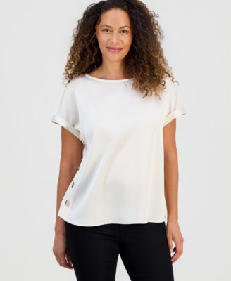 Petite Hammered Satin Button-Trim Blouse