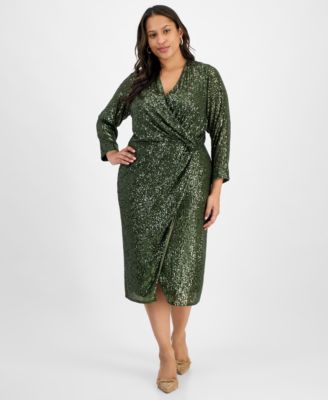 London Times - Plus Size Sequin Faux-Wrap Sheath Dress