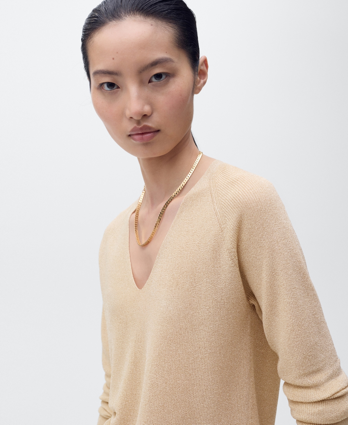 Mango Metallic V-neck Sweater In Neutral