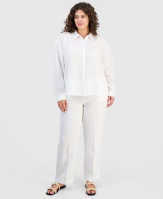 Plus Size Linen Beaded-Collar Long-Sleeve Blouse, Macy's Exclusive