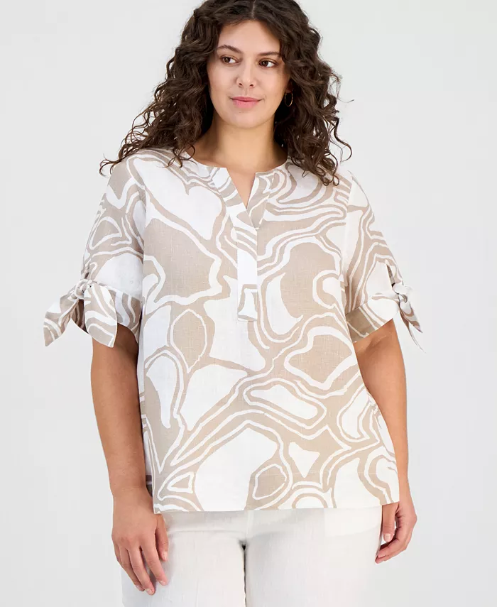 Plus Size Linen Tie-Sleeve Printed Top