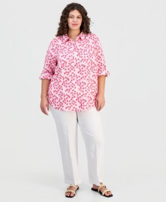 Plus Size Linen Poppy Floral Button-Front Shirt, Macy's Exclusive