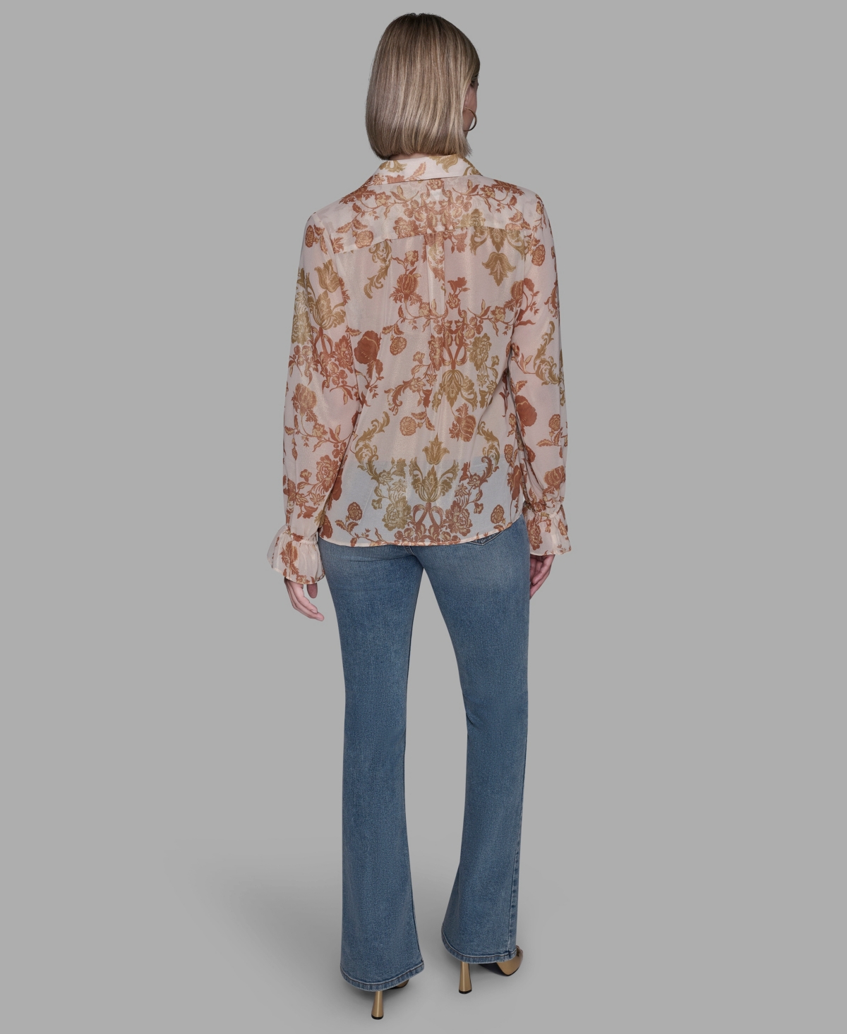Karl Lagerfeld Women's Printed Ruffled Long Sleeves Blouse In Brown