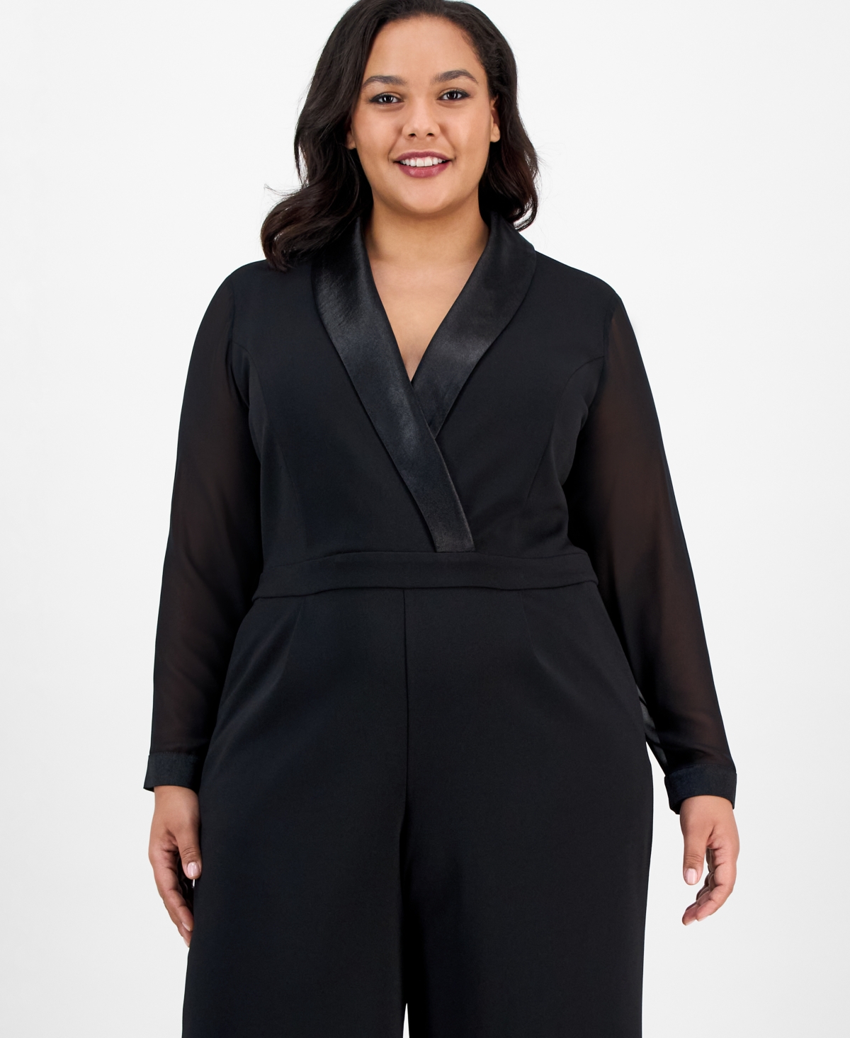 London Times Plus Size Tuxedo Jumpsuit In Blue