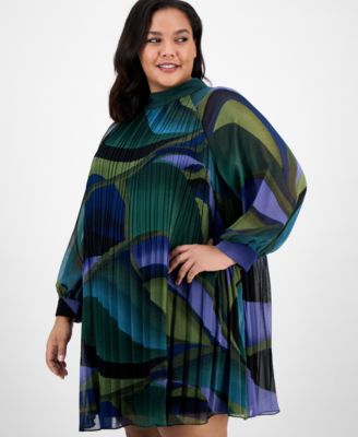 Plus Size Printed Pleated Blouson-Sleeve Shift Dress