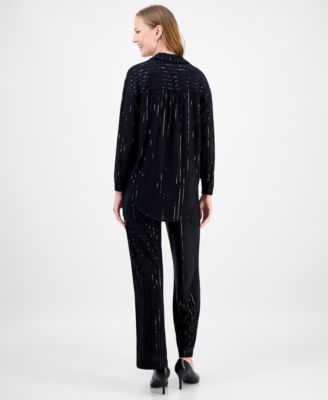 Anne Klein Womens Metallic Stripe Blouse Wide Leg Pants In Black