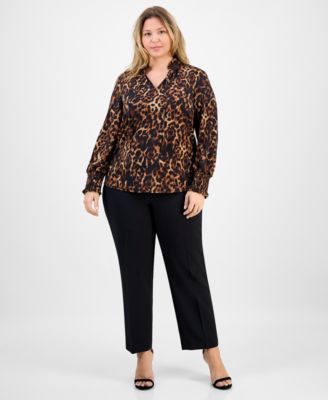 Plus Size Printed-Chiffon Smocked-Cuff Blouse