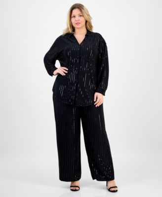 Plus Size Sequin Pinstripe Drop-Shoulder Tunic Shirt & Sequin Pinstripe High-Rise Wide-Leg Pants